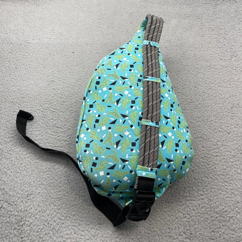 KAVU Rope Bag Crossbody Blue Cactus Geometric Print Canvas Sling Travel Backpack